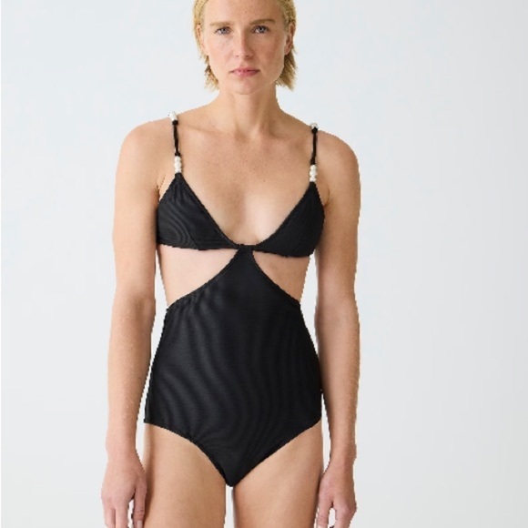 J crew Ribbed cutout one-piece swimsuit with pearls black - Picture 2 of 5